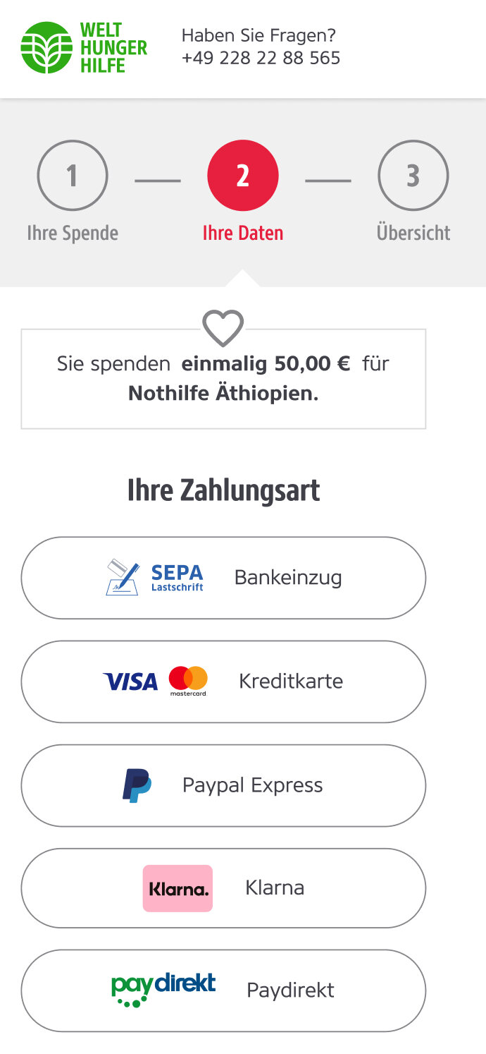 Spendenformular der Welthungerhilfe f&uuml;r einmalige 50 &euro; Nothilfe in &Auml;thiopien mit Zahlungsoptionen wie SEPA-Lastschrift, Kreditkarte, PayPal, Klarna und Paydirekt in der zweiten Stufe des Spendenprozesses.