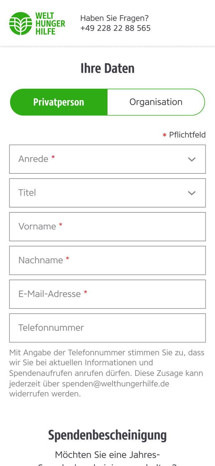 Anmeldeformular der Welthungerhilfe f&uuml;r Privatpersonen mit Eingabefeldern f&uuml;r pers&ouml;nliche Daten wie Anrede, Vorname, Nachname, E-Mail-Adresse und Telefonnummer. Option zur Auswahl einer Spendenbest&auml;tigung ist ebenfalls vorhanden.