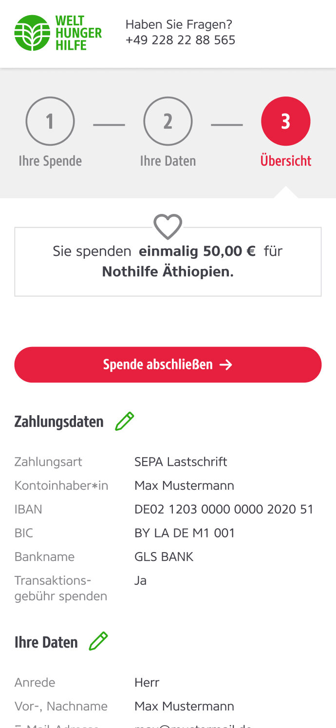 Spendenformular der Welthungerhilfe f&uuml;r einmalige Nothilfe in &Auml;thiopien mit 50 Euro, zeigt Zahlungsdaten und pers&ouml;nliche Informationen in drei Schritten zur Spendenabwicklung.