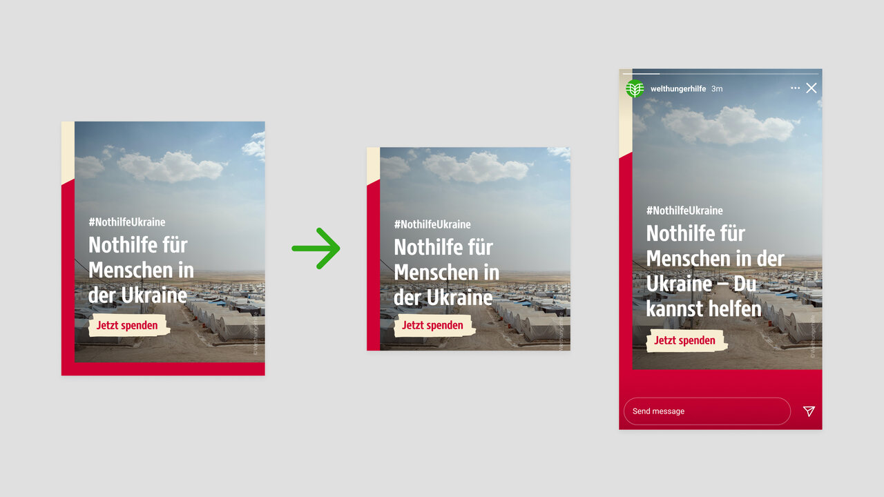 Drei Varianten eines Webdesigns f&uuml;r Nothilfe in der Ukraine, die zunehmend gr&ouml;&szlig;er und detaillierter werden, mit einem Hintergrund aus Himmel und Landschaft und roter Akzentuierung.
