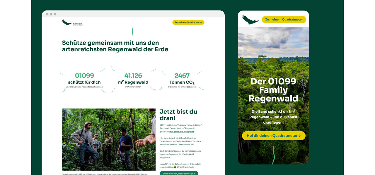 Zwei Bildschirme mit einer Aktions-Landingpage f&uuml;r Regenwald-Schutz. Links eine Ansicht mit Menschen im Wald, rechts ein mobiles Display mit gr&uuml;ner Landschaft und einem Aufruf zum Handeln f&uuml;r den Regenwald.
