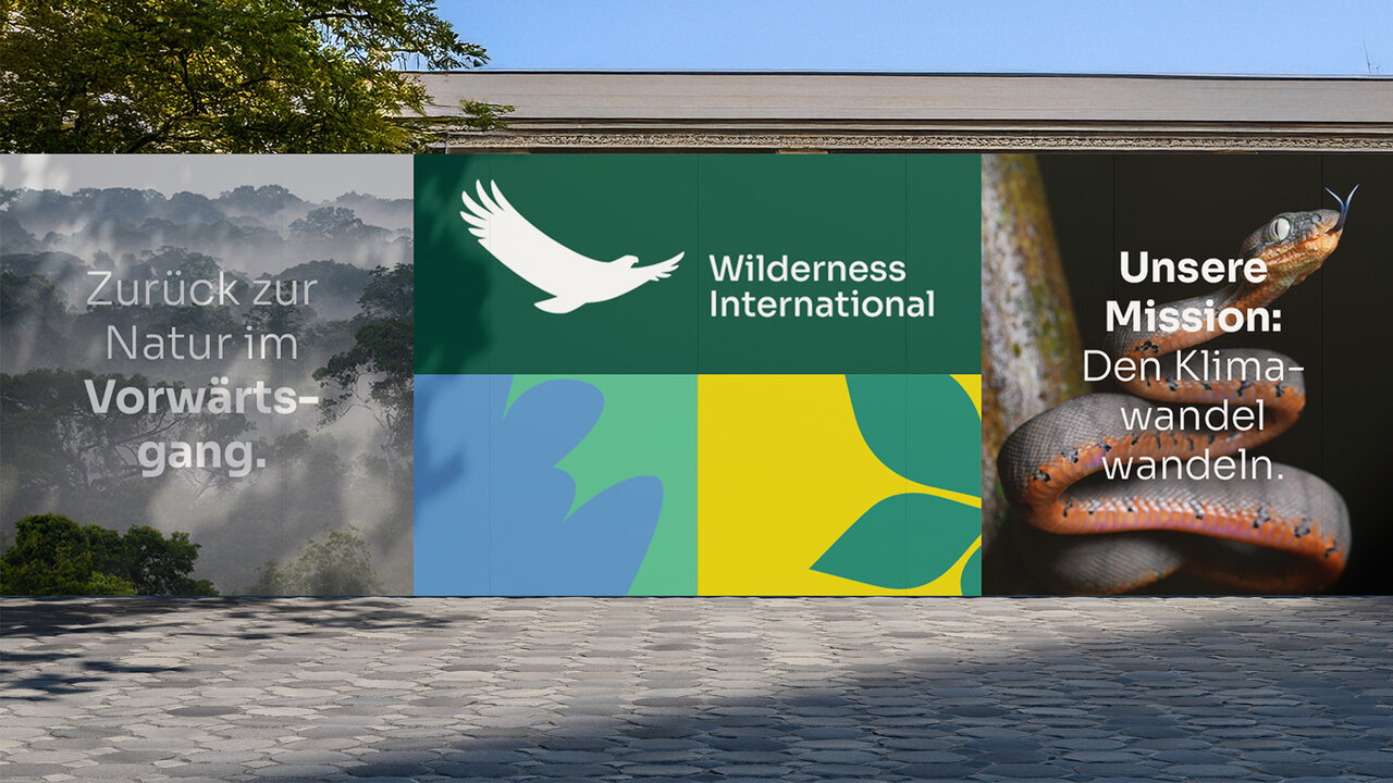 Drei Wandtafeln mit dem Logo von Wilderness International, grafischen Elementen in Gr&uuml;n, Blau und Gelb sowie Texten &uuml;ber Naturschutz und Klimawandel.