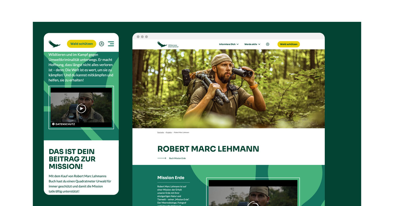 Waldszene mit Robert Marc Lehmann, der ein Fernglas in einer gr&uuml;nen Umgebung h&auml;lt. Webdesign-Layout f&uuml;r Aktions-Landingpage von Robert Marc Lehmann mit gr&uuml;nem Farbschema und Informationen &uuml;ber seine Naturmission.