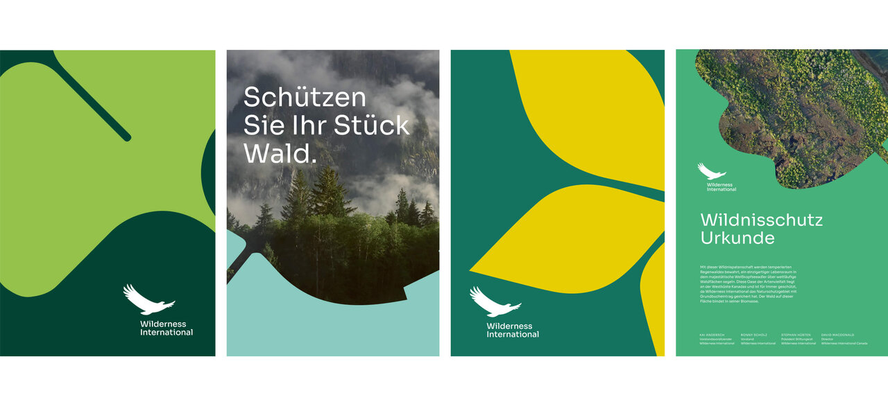 Vier Seiten eines Markendesigns f&uuml;r Wilderness International mit gr&uuml;nen und gelben Farbfl&auml;chen, die Waldlandschaften und Naturmotive zeigen. Die Grafiken pr&auml;sentieren das Logo und Textelemente wie "Sch&uuml;tzen Sie Ihr St&uuml;ck Wald" und "Wildnisschutz Urkunde" in einer klaren, &ouml;kologisch inspirierten Gestaltung.