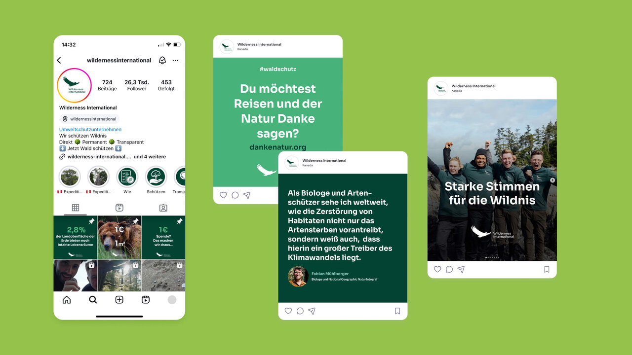 Instagram-Mockups der Social Media Posts von Wilderness International. Sie zeigen gro&szlig;e Headlines auf Gr&uuml;nt&ouml;nen oder Fotos mit Headlines und somit verschiedene Anwendungen der Social-Media-Templates.