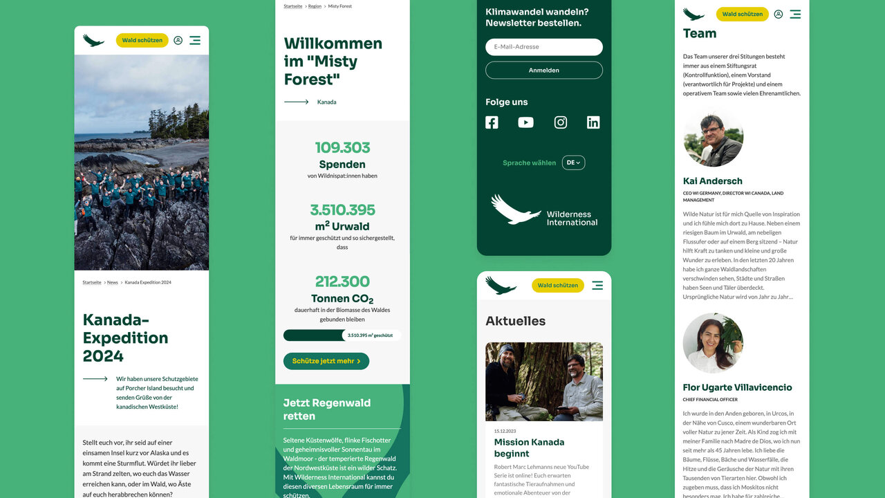Mehrere Bildschirme einer mobilen Website f&uuml;r eine Kanada-Expedition 2024 mit gr&uuml;nem Design, die Spendenzahlen, Projektinformationen und Teamprofile zeigen, mit einer Landschaftsaufnahme im Hintergrund.