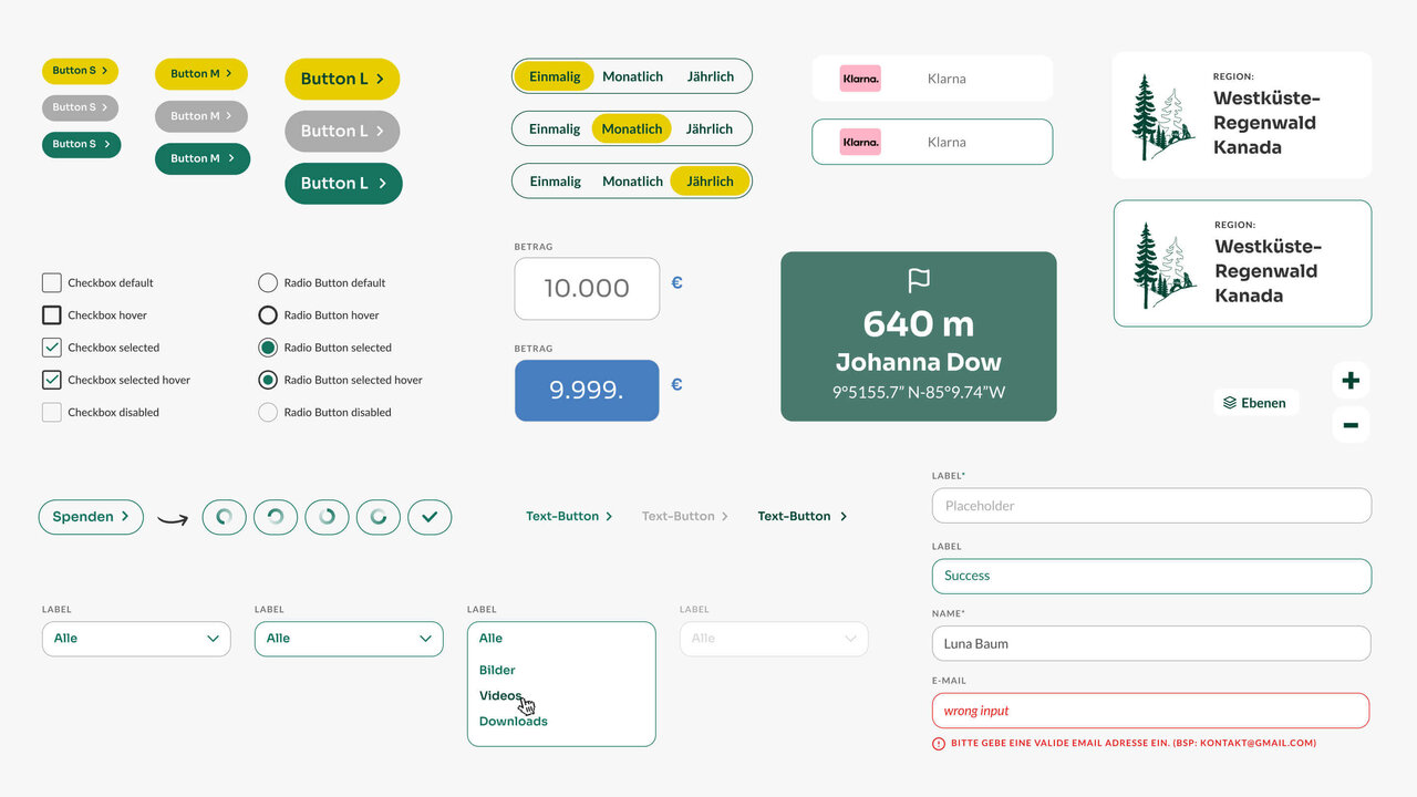 UI-Design-Elemente f&uuml;r eine Spendenplattform mit verschiedenen Buttons, Formularfeldern und einem Profilbereich f&uuml;r eine Spendenaktion zugunsten eines Wilderness-Projekts. Das Design verwendet eine gr&uuml;n-blaue Farbpalette und zeigt Optionen zum Eingeben von Spendenbeitr&auml;gen sowie Navigationselemente.