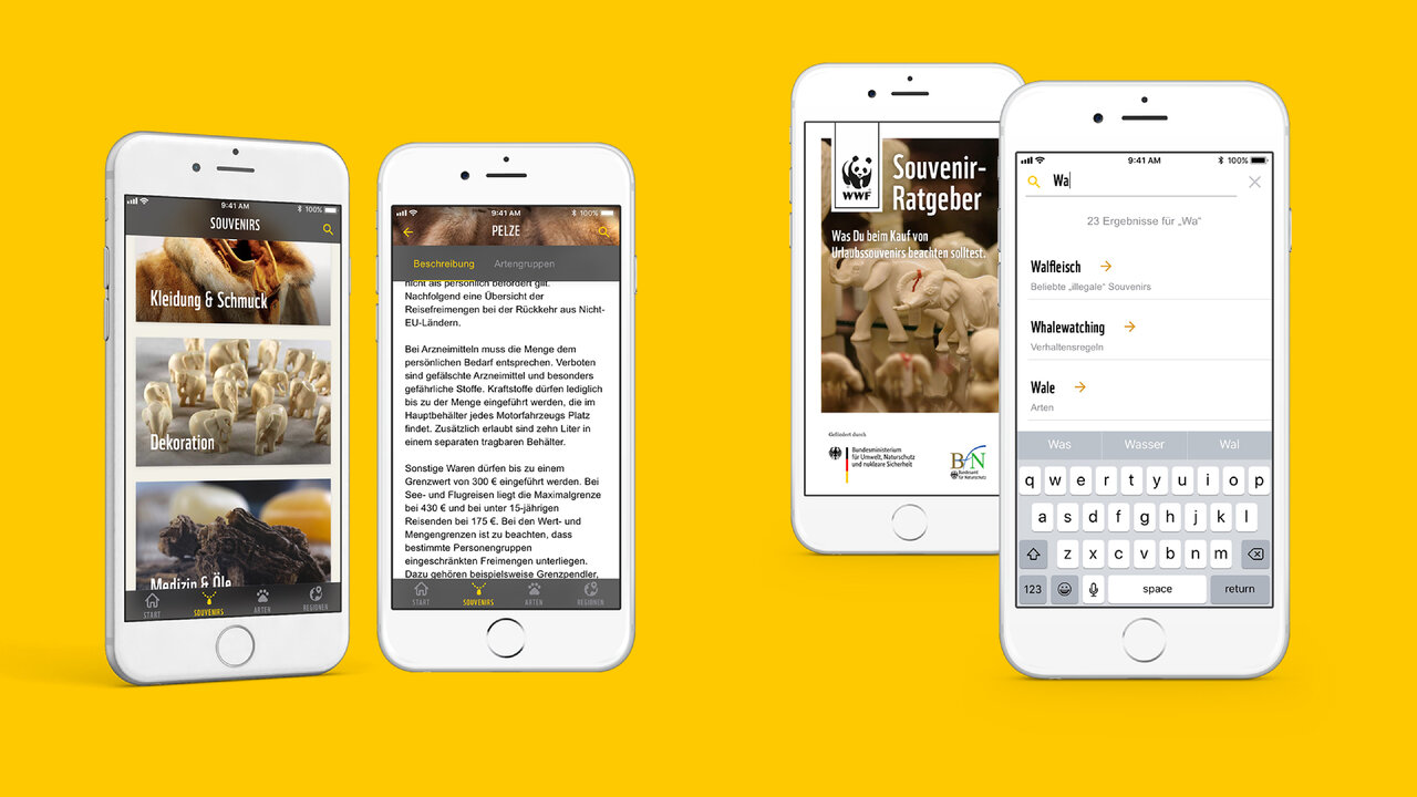 Vier iPhone-Mockups mit Screenshots einer WWF Souvenir-Ratgeber App auf gelbem Hintergrund, die verschiedene Ansichten und Funktionen der mobilen Anwendung f&uuml;r iOS und Android zeigen.
